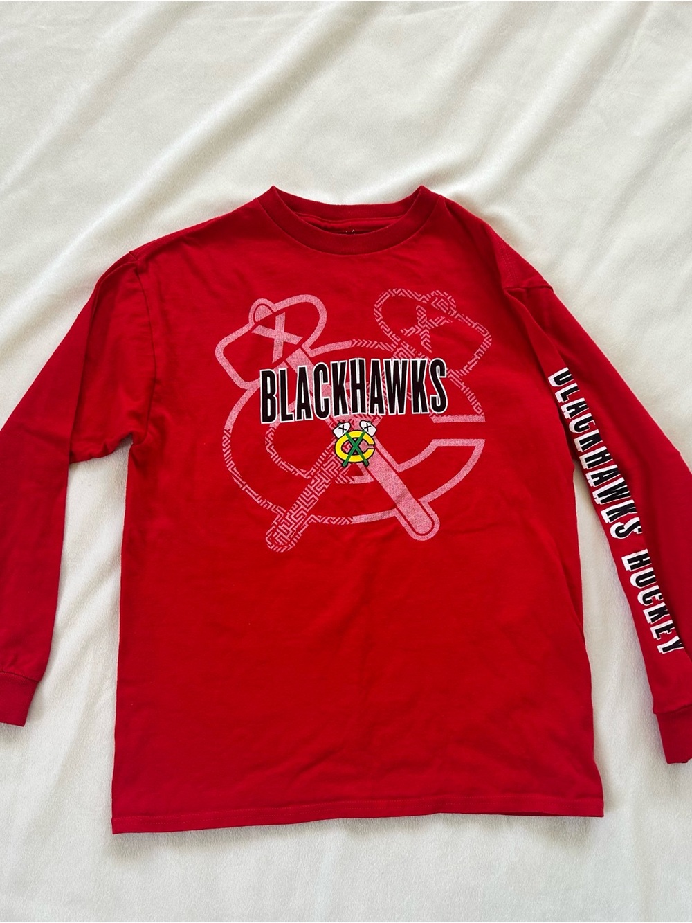 NHL Blackhawks Red Long-Sleeve Tee with Sleeve Wordmark